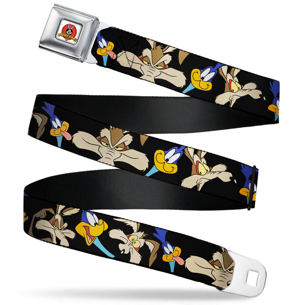 Buckle-Down Looney Tunes Logo Full Color White Seatbelt Belt - Road Runner/Wile E. Coyote Expressions CLOSE-UP Black Webbing