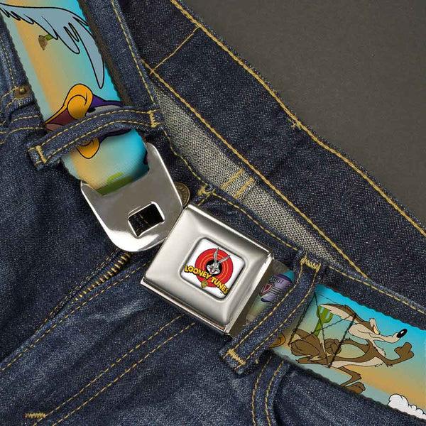 Buckle-Down Looney Tunes Logo Full Color White Seatbelt Belt - Road Runner/Wile E. Coyote Scene1 Desert Webbing