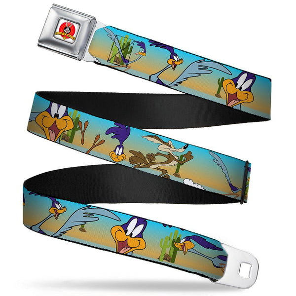 Buckle-Down Looney Tunes Logo Full Color White Seatbelt Belt - Road Runner/Wile E. Coyote Scene1 Desert Webbing