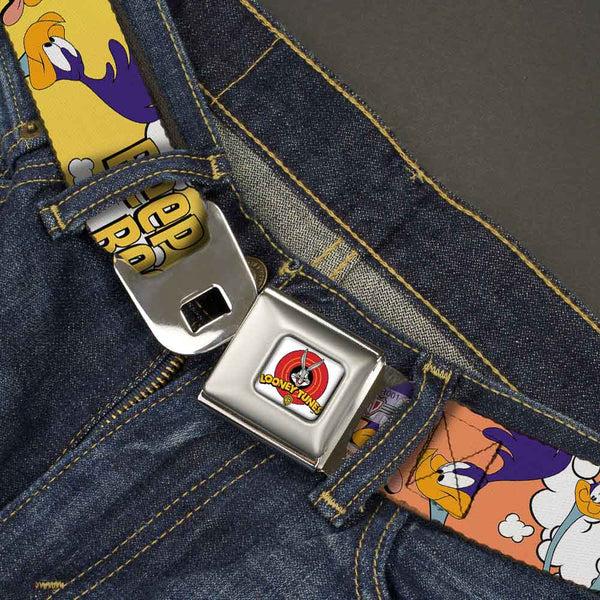 Buckle-Down Looney Tunes Logo Full Color White Seatbelt Belt - ROAD RUNNER W/Road Runner Poses Orange Webbing