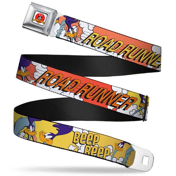 Buckle-Down Looney Tunes Logo Full Color White Seatbelt Belt - ROAD RUNNER w/Road Runner Poses Orange Webbing