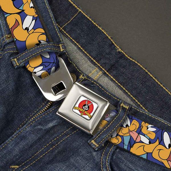 Buckle-Down Looney Tunes Logo Full Color White Seatbelt Belt - Road Runner Expressions Stacked Webbing