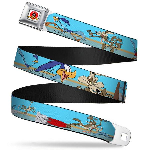 Buckle-Down Looney Tunes Logo Full Color White Seatbelt Belt - Road Runner/Wile E. Coyote Scene2 Desert Webbing