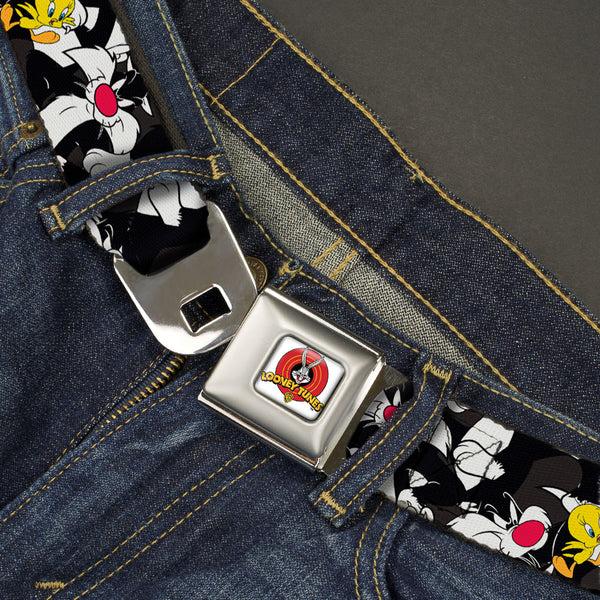 Buckle-Down Looney Tunes Logo Full Color White Seatbelt Belt - Sylvester And Tweety Poses Scattered Charcoal Webbing