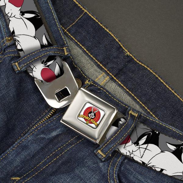 Buckle-Down Looney Tunes Logo Full Color White Seatbelt Belt - Sylvester The Cat Expressions Gray Webbing
