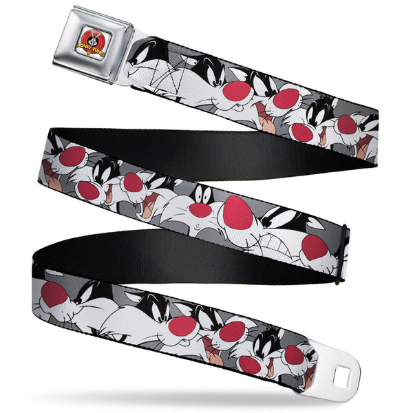 Buckle-Down Looney Tunes Logo Full Color White Seatbelt Belt - Sylvester the Cat Expressions Gray Webbing
