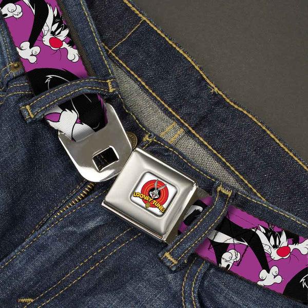 Buckle-Down Looney Tunes Logo Full Color White Seatbelt Belt - Sylvester The Cat Poses Purple Webbing