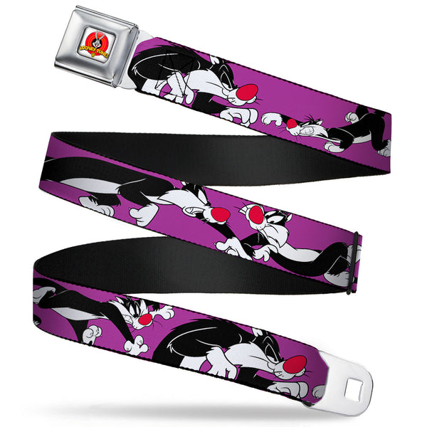 Buckle-Down Looney Tunes Logo Full Color White Seatbelt Belt - Sylvester the Cat Poses Purple Webbing