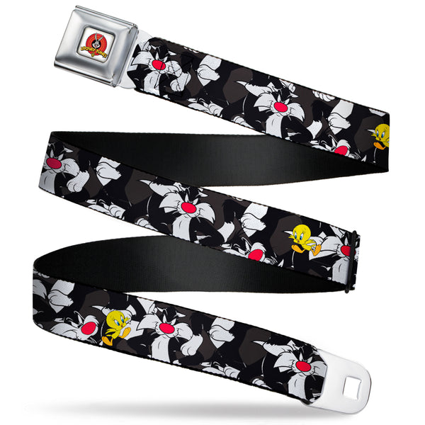 Buckle-Down Looney Tunes Logo Full Color White Seatbelt Belt - Sylvester and Tweety Poses Scattered Charcoal Webbing