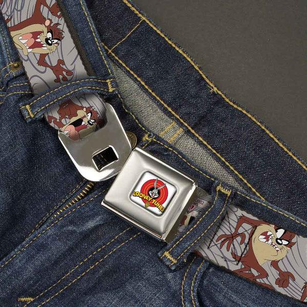 Buckle-Down Looney Tunes Logo Full Color White Seatbelt Belt - Tasmanian Devil Expressions Gray Swirl Webbing