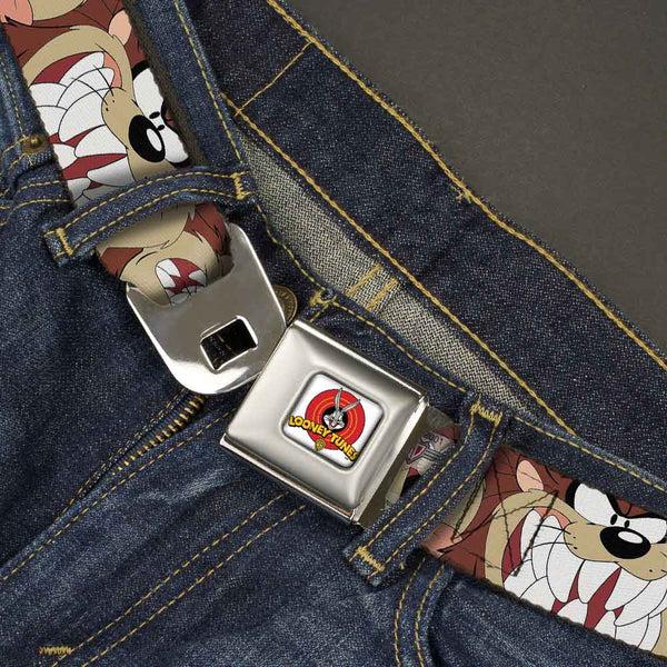 Buckle-Down Looney Tunes Logo Full Color White Seatbelt Belt - Tasmanian Devil Expressions Brown Webbing