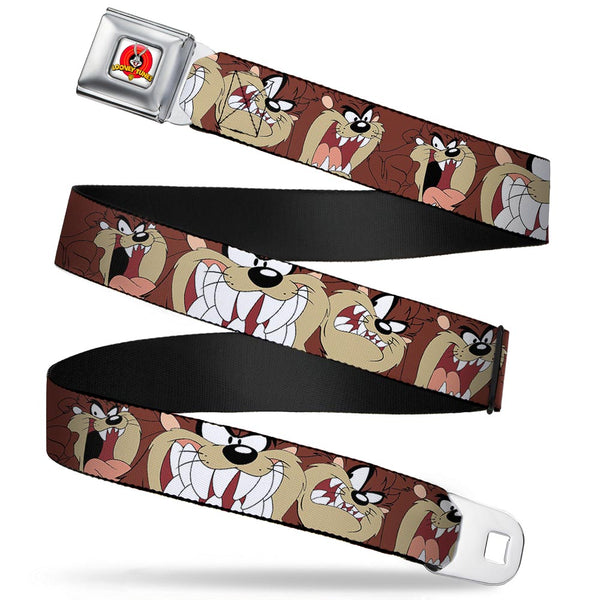 Buckle-Down Looney Tunes Logo Full Color White Seatbelt Belt - Tasmanian Devil Expressions Brown Webbing