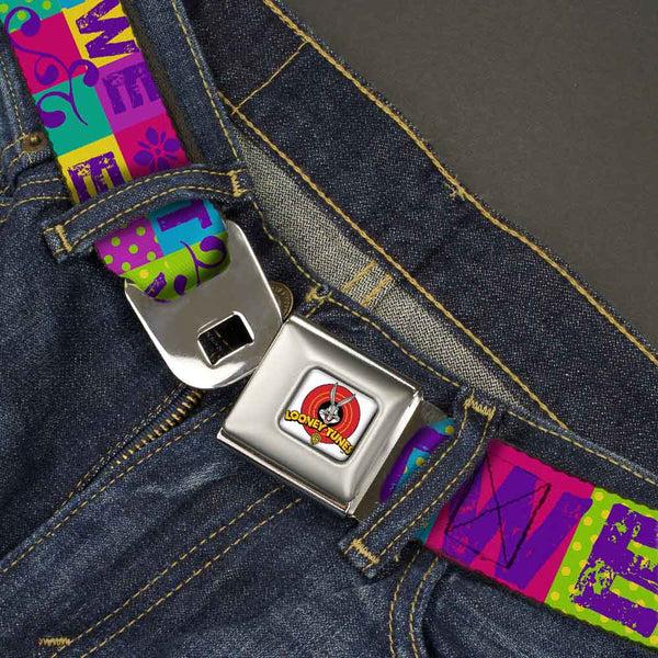 Buckle-Down Looney Tunes Logo Full Color White Seatbelt Belt - TWEETY Letter Blocks Polka Dot Multi Color Webbing