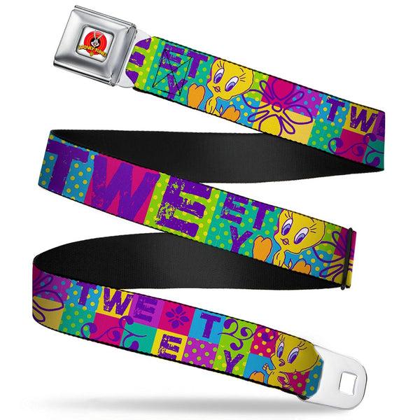 Buckle-Down Looney Tunes Logo Full Color White Seatbelt Belt - TWEETY Letter Blocks Polka Dot Multi Color Webbing