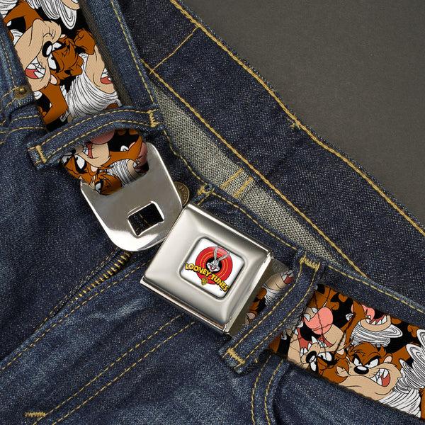 Buckle-Down Looney Tunes Logo Full Color White Seatbelt Belt - Tasmanian Devil Vortex Poses Stacked Black Webbing