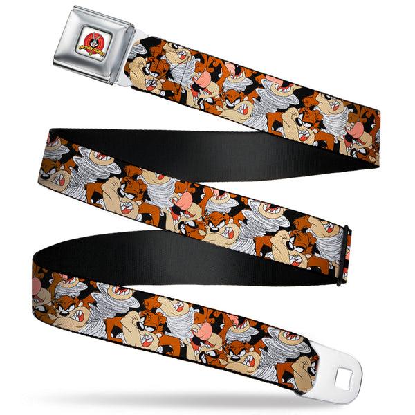 Buckle-Down Looney Tunes Logo Full Color White Seatbelt Belt - Tasmanian Devil Vortex Poses Stacked Black Webbing