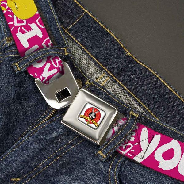 Buckle-Down Looney Tunes Logo Full Color White Seatbelt Belt - Tweety Bird I LOVE YOU Fuchsia/White Webbing