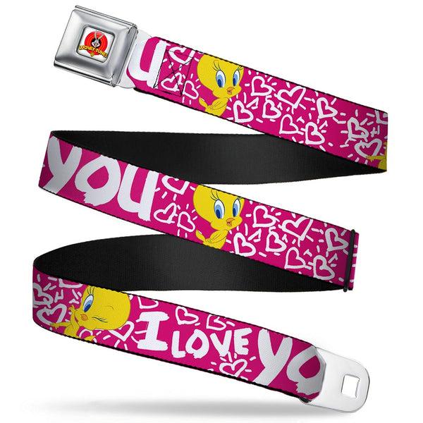Buckle-Down Looney Tunes Logo Full Color White Seatbelt Belt - Tweety Bird I LOVE YOU Fuchsia/White Webbing