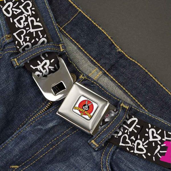 Buckle-Down Looney Tunes Logo Full Color White Seatbelt Belt - Tweety Bird I LOVE YOU Black/White/Pink Webbing