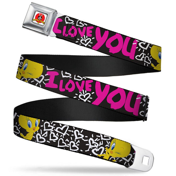 Buckle-Down Looney Tunes Logo Full Color White Seatbelt Belt - Tweety Bird I LOVE YOU Black/White/Pink Webbing