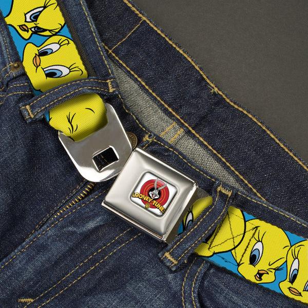 Buckle-Down Looney Tunes Logo Full Color White Seatbelt Belt - Tweety Bird CLOSE-UP Expressions Baby Blue Webbing