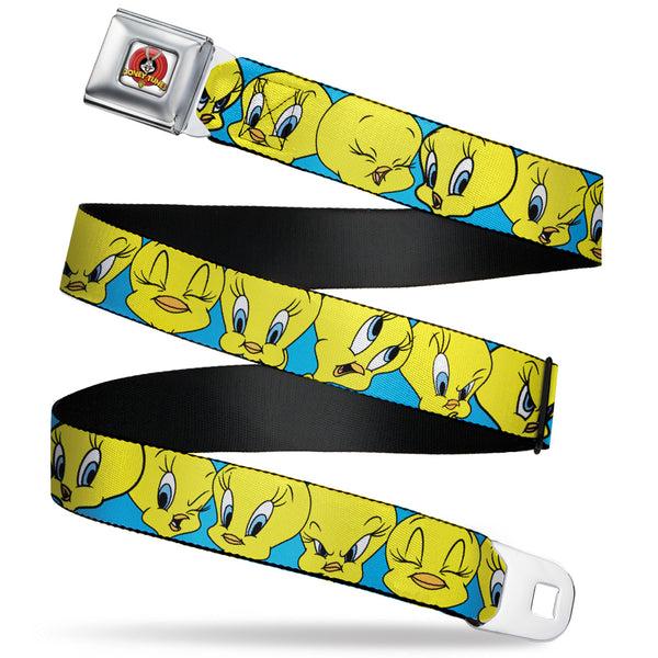 Buckle-Down Looney Tunes Logo Full Color White Seatbelt Belt - Tweety Bird CLOSE-UP Expressions Baby Blue Webbing