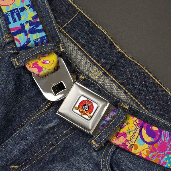 Buckle-Down Looney Tunes Logo Full Color White Seatbelt Belt - Tweety Bird Poses LITTLE CUTIE-LOVEABLE Blue/Multi Color Webbing