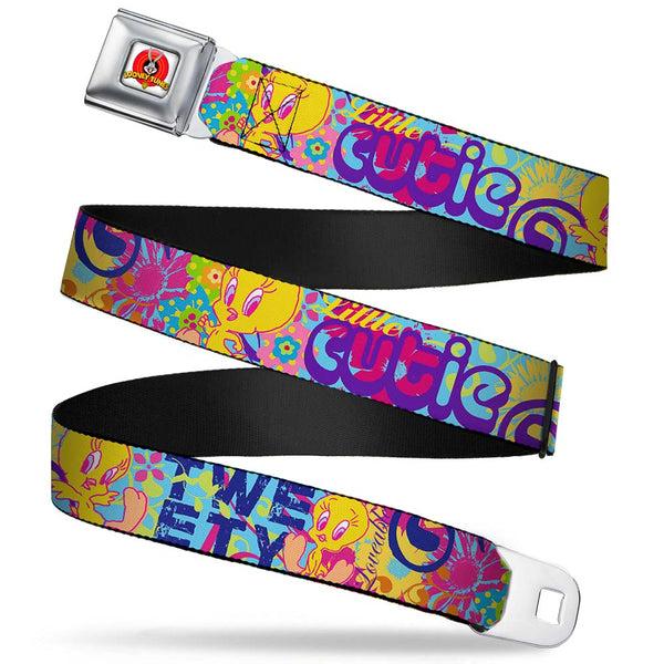 Buckle-Down Looney Tunes Logo Full Color White Seatbelt Belt - Tweety Bird Poses LITTLE CUTIE-LOVEABLE Blue/Multi Color Webbing