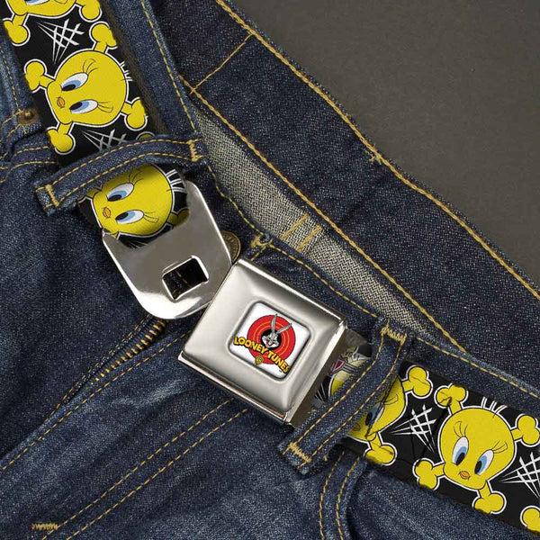 Buckle-Down Looney Tunes Logo Full Color White Seatbelt Belt - Tweety Bird & Crossbones Black/White/Yellow Webbing