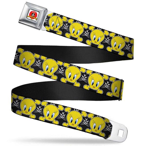 Buckle-Down Looney Tunes Logo Full Color White Seatbelt Belt - Tweety Bird & Crossbones Black/White/Yellow Webbing