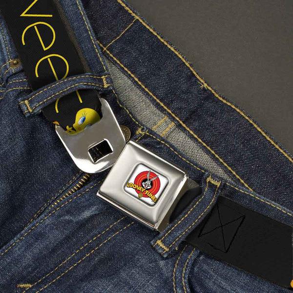 Buckle-Down Looney Tunes Logo Full Color White Seatbelt Belt - Tweety Bird Poses CUTE AND SWEET Black/Yellow Webbing