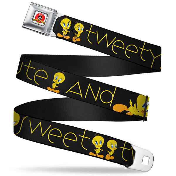 Buckle-Down Looney Tunes Logo Full Color White Seatbelt Belt - Tweety Bird Poses CUTE AND SWEET Black/Yellow Webbing