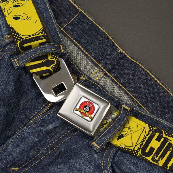 Buckle-Down Looney Tunes Logo Full Color White Seatbelt Belt - Tweety Bird Poses CUTE LITTLE YELLOW BIRD Yellow/Black Webbing