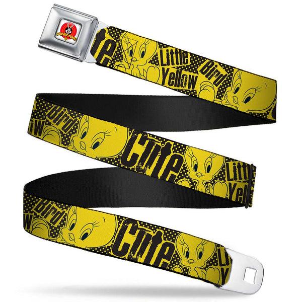 Buckle-Down Looney Tunes Logo Full Color White Seatbelt Belt - Tweety Bird Poses CUTE LITTLE YELLOW BIRD Yellow/Black Webbing