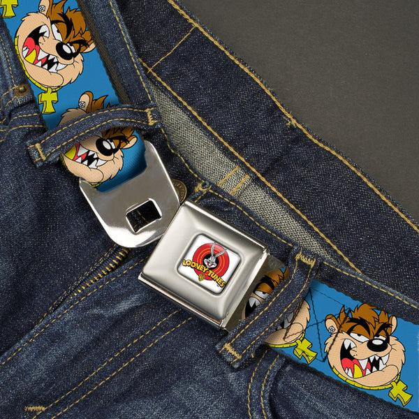Buckle-Down Looney Tunes Logo Full Color White Seatbelt Belt - Tasmanian Devil Hip Hop Expression Blue Webbing