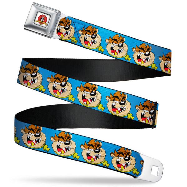 Buckle-Down Looney Tunes Logo Full Color White Seatbelt Belt - Tasmanian Devil Hip Hop Expression Blue Webbing
