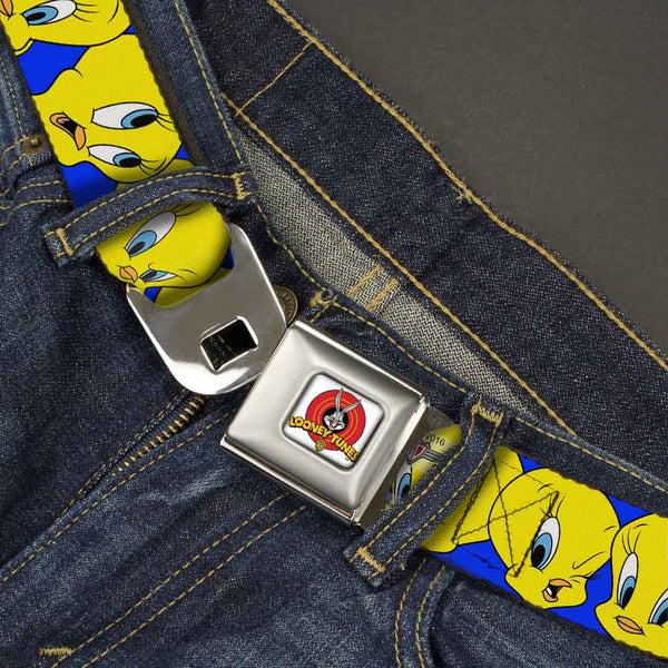 Buckle-Down Looney Tunes Logo Full Color White Seatbelt Belt - Tweety Bird CLOSE-UP Expressions Royal Webbing