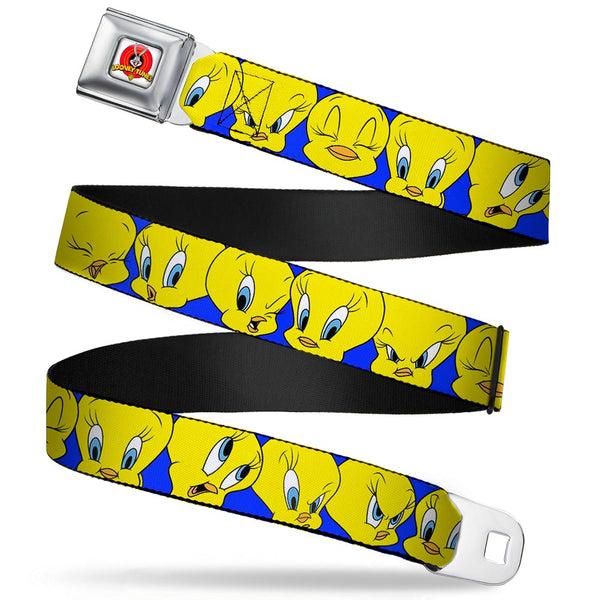 Buckle-Down Looney Tunes Logo Full Color White Seatbelt Belt - Tweety Bird CLOSE-UP Expressions Royal Webbing