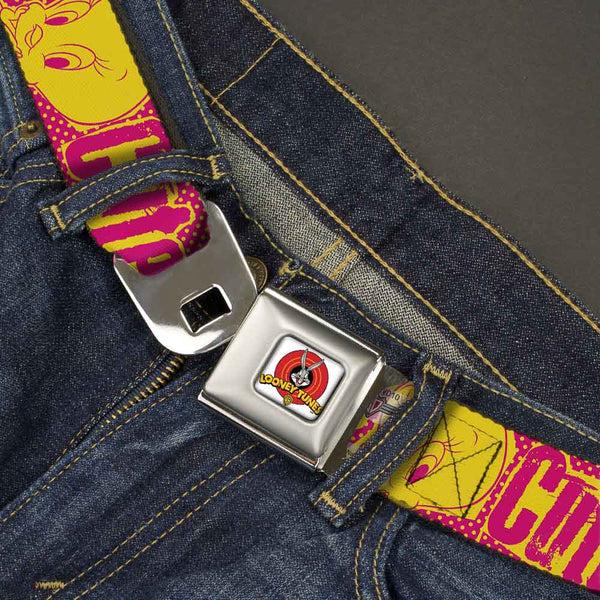 Buckle-Down Looney Tunes Logo Full Color White Seatbelt Belt - Tweety Bird Poses CUTE LITTLE YELLOW BIRD Yellow/Pink Webbing