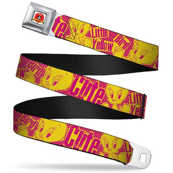Buckle-Down Looney Tunes Logo Full Color White Seatbelt Belt - Tweety Bird Poses CUTE LITTLE YELLOW BIRD Yellow/Pink Webbing
