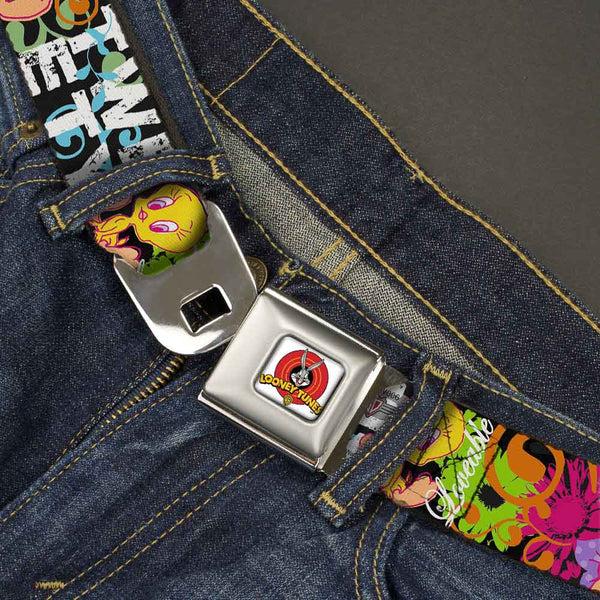 Buckle-Down Looney Tunes Logo Full Color White Seatbelt Belt - Tweety Bird Poses LITTLE CUTIE-LOVEABLE Black/Multi Color Webbing