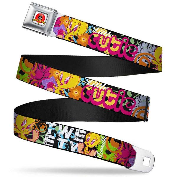 Buckle-Down Looney Tunes Logo Full Color White Seatbelt Belt - Tweety Bird Poses LITTLE CUTIE-LOVEABLE Black/Multi Color Webbing