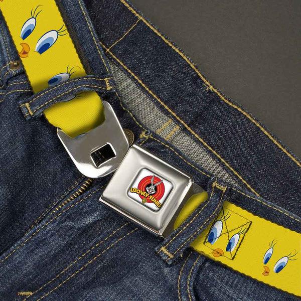 Buckle-Down Looney Tunes Logo Full Color White Seatbelt Belt - Tweety Bird Expressions2 Webbing
