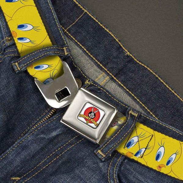Buckle-Down Looney Tunes Logo Full Color White Seatbelt Belt - Tweety Bird Expressions Yellow Webbing