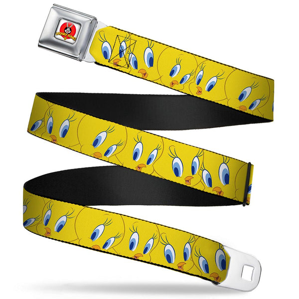 Buckle-Down Looney Tunes Logo Full Color White Seatbelt Belt - Tweety Bird Expressions Yellow Webbing