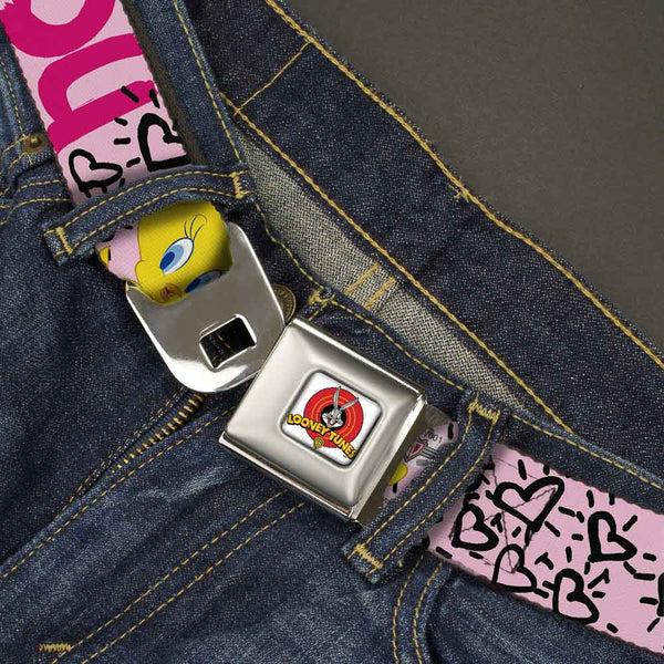 Buckle-Down Looney Tunes Logo Full Color White Seatbelt Belt - Tweety Bird I LOVE YOU Pink/Black Webbing
