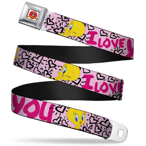 Buckle-Down Looney Tunes Logo Full Color White Seatbelt Belt - Tweety Bird I LOVE YOU Pink/Black Webbing