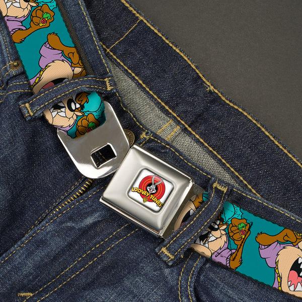 Buckle-Down Looney Tunes Logo Full Color White Seatbelt Belt - Tasmanian Devil Hip Hop Expression2 Turquoise Webbing