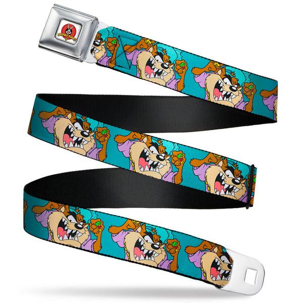 Buckle-Down Looney Tunes Logo Full Color White Seatbelt Belt - Tasmanian Devil Hip Hop Expression2 Turquoise Webbing