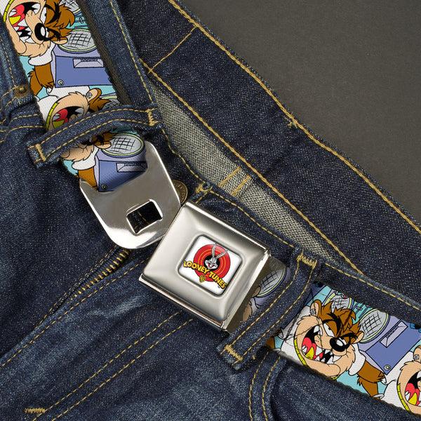 Buckle-Down Looney Tunes Logo Full Color White Seatbelt Belt - Tasmanian Devil Boom Box Pose Baby Blue Webbing